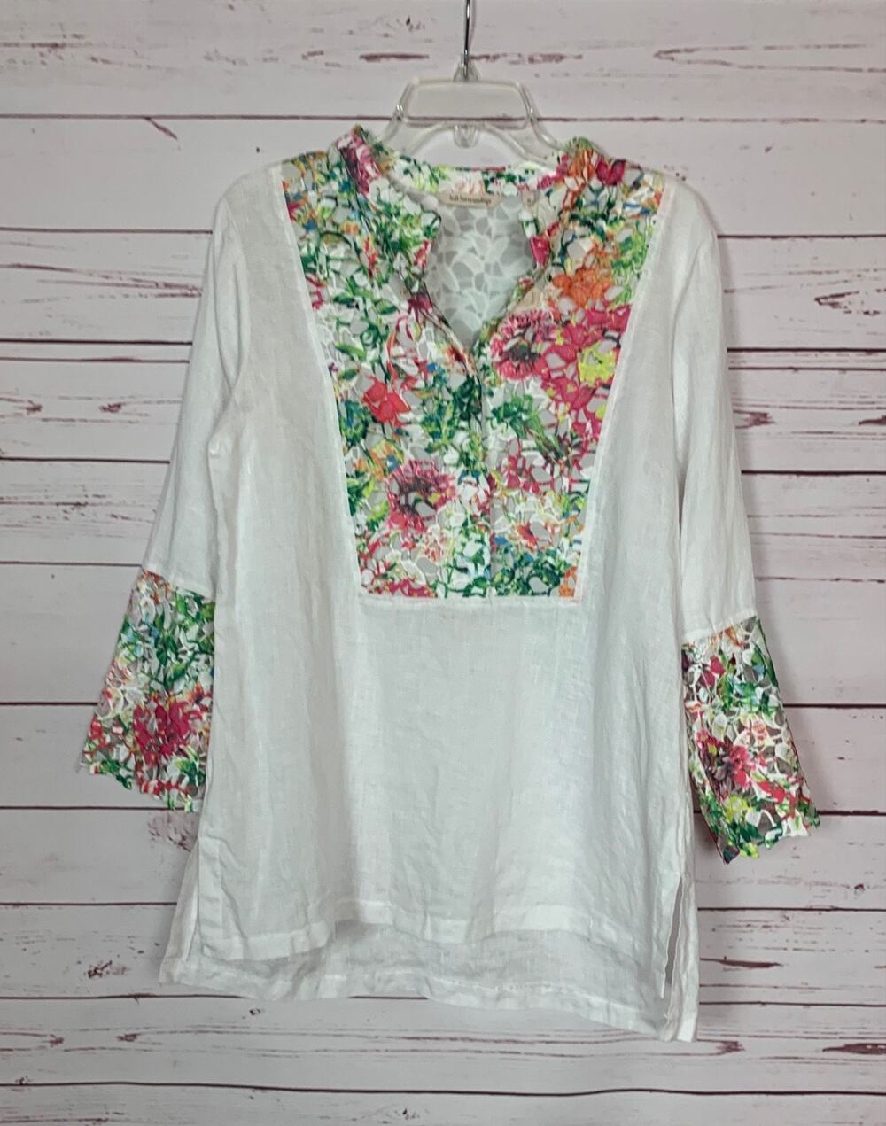 Soft Surroundings Women's M Medium White Floral Lace Linen Tunic Top Blouse